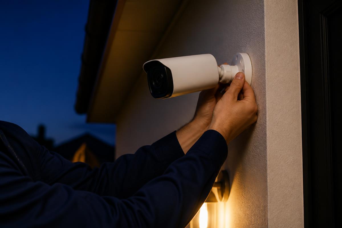 Técnico instalando câmera de segurança em residência ao anoitecer