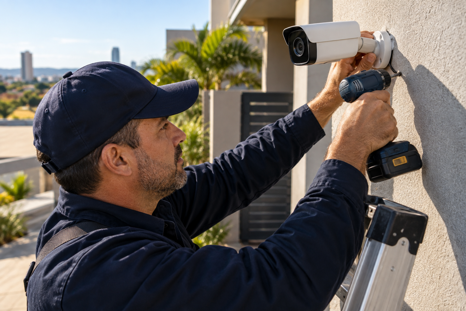 Técnico da Confiança instalando e ajustando uma câmera de segurança